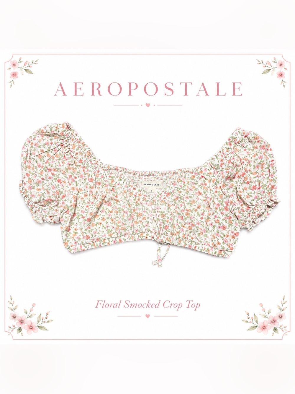 Aéropostale Women’s Floral Smocked Puff Sleeve Crop Top Size Large Cottagecore